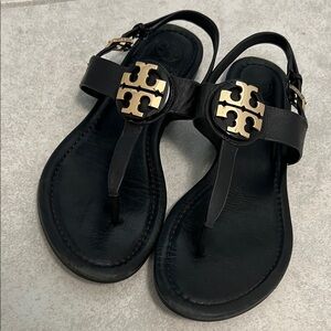 Tory Burch Black Thong Sandals with Gold Logo